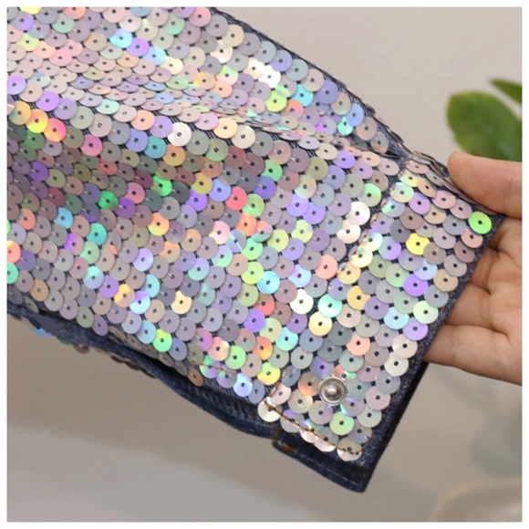 🆕 Faux Fur Unicorn Sequin Denim Crop Jacket C74 - Picture 6 of 7